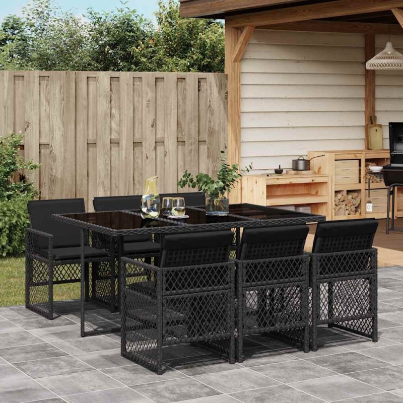 Ensemble à manger de jardin coussins 7 pcs noir résine tressée 510931510931