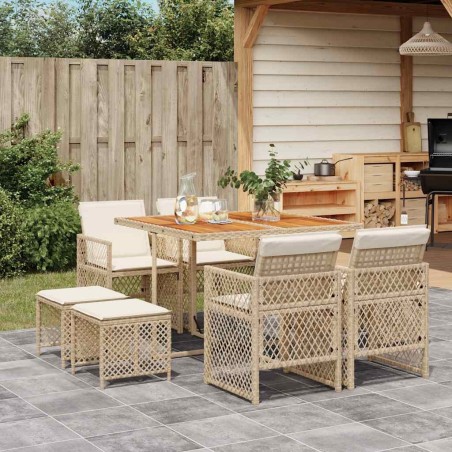 Ensemble à manger de jardin et coussins 9 pcs beige Poly rotin 510933510933