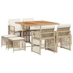 Ensemble à manger de jardin et coussins 9 pcs beige Poly rotin 510933510933