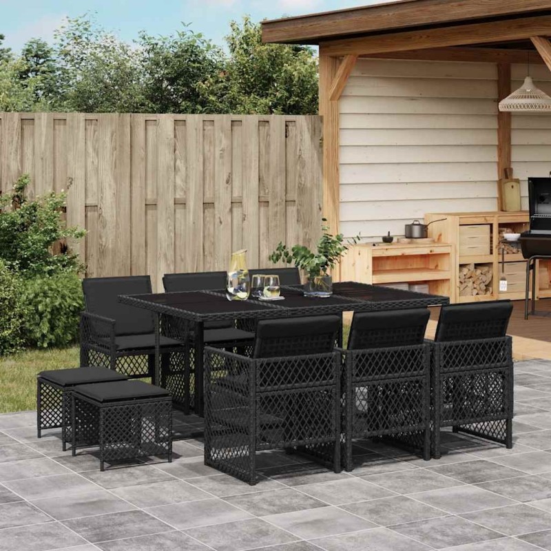 Ensemble à manger de jardin 11 pcs coussins noir résine tressée 510936510936