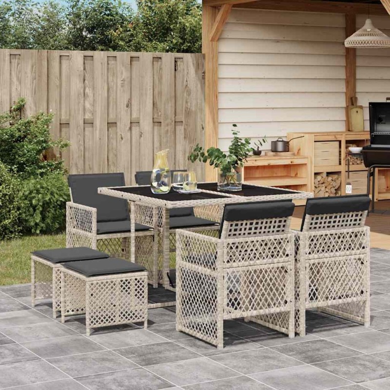 Ensemble à manger de jardin et coussins 9 pcs gris clair rotin 510948510948