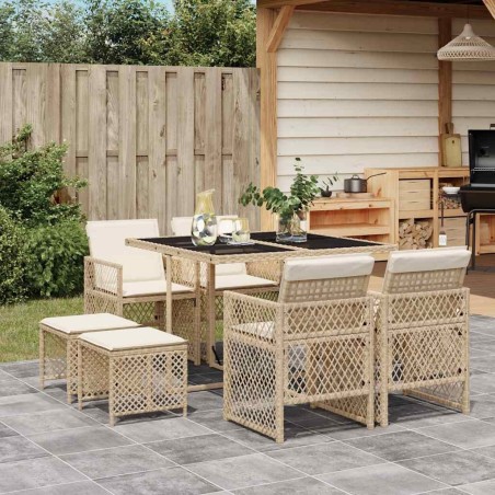 Ensemble à manger de jardin et coussins 9 pcs beige Poly rotin 510949510949