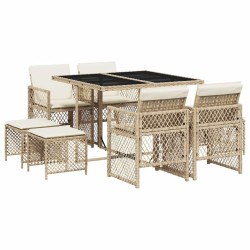 Ensemble à manger de jardin et coussins 9 pcs beige Poly rotin 510949510949