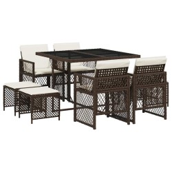 Ensemble à manger de jardin et coussins 9 pcs marron poly rotin 510950510950