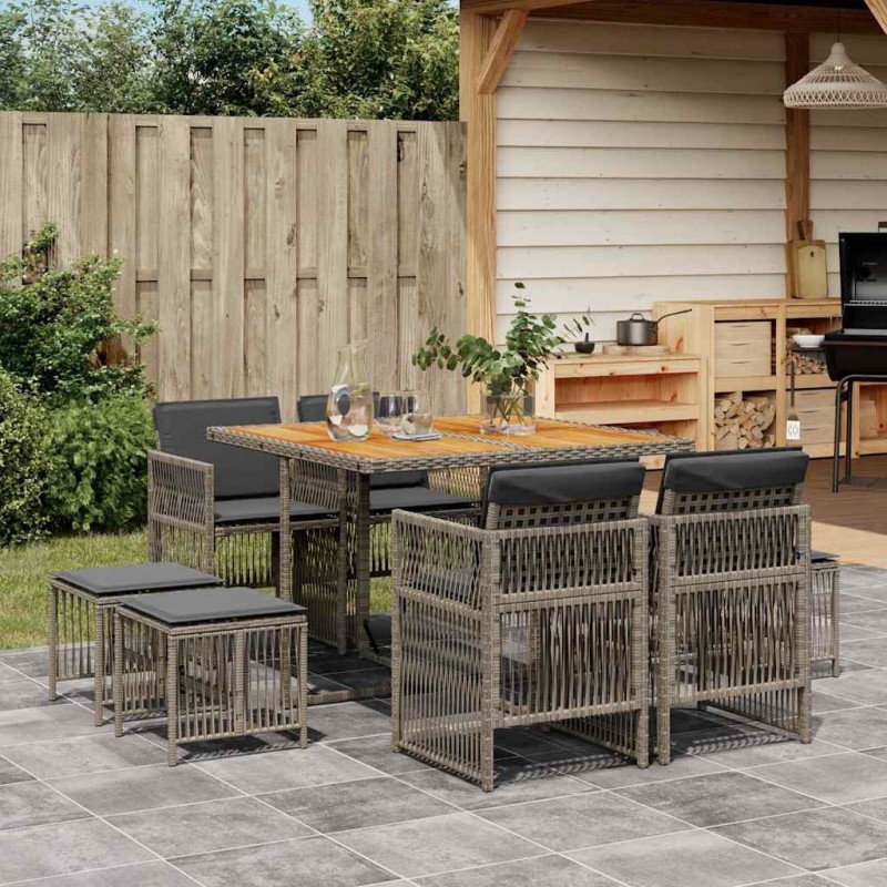 Ensemble à manger de jardin 9 pcs coussins gris résine tressée 510954510954