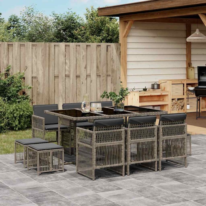 Ensemble à manger de jardin 11pcs avec coussins gris poly rotin 510989510989