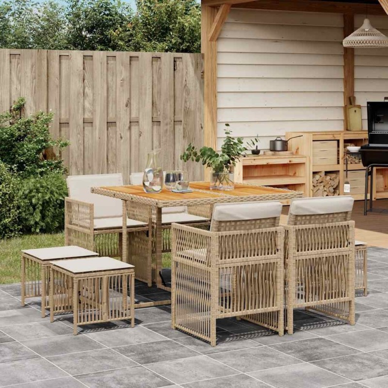 Ensemble à manger de jardin et coussins 9 pcs beige Poly rotin 510992510992