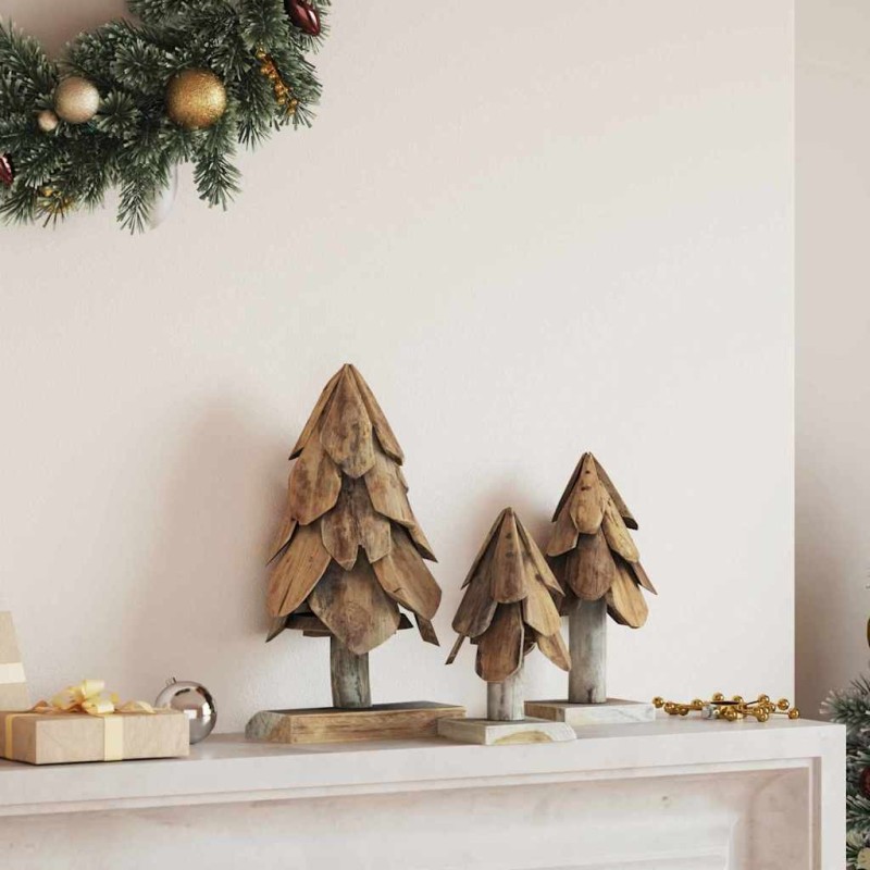 Sapin de Noël avec support 3 pcs Marron Bois de teck solide 512803512803