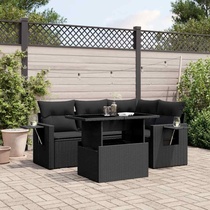 Salon de jardin 5 pcs avec coussins noir résine tressée 512938512938