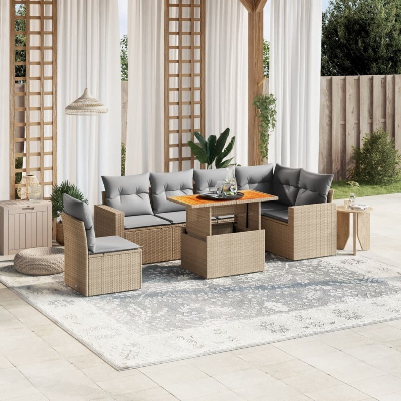 Salon de jardin avec coussins 7 pcs beige résine tressée 512957512957