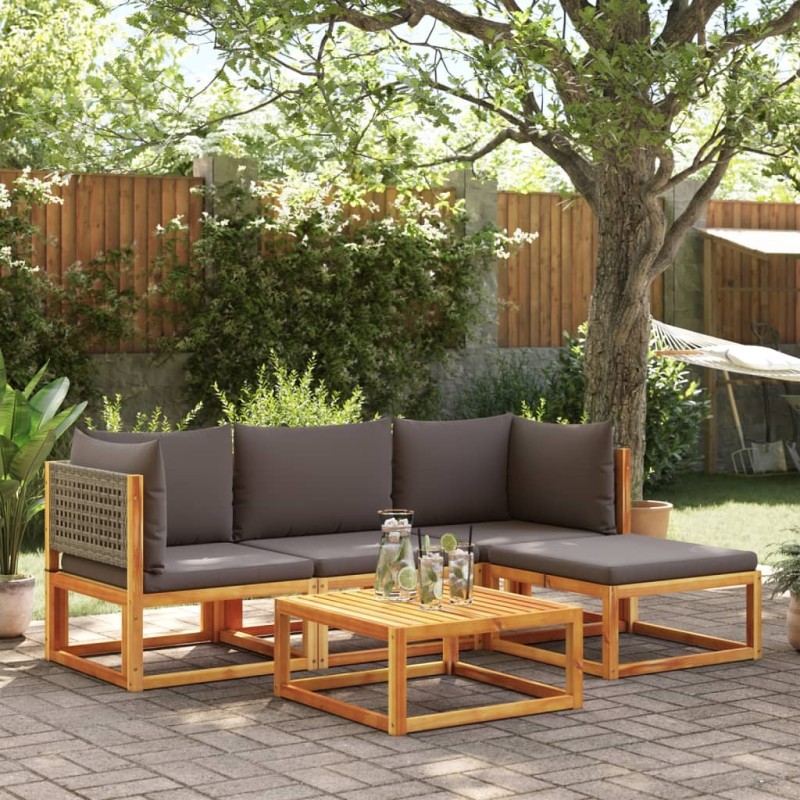 Ensemble de canapés de jardin 5 pièces avec coussins en bois d'acacia et rotin 513070513070