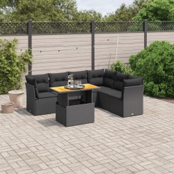 Salon de jardin 7 pcs avec coussins noir résine tressée 513126513126