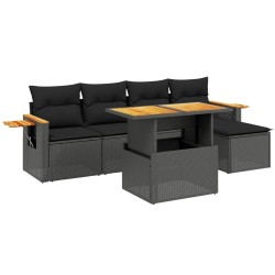 Salon de jardin 6 pcs avec coussins noir résine tressée 513306513306
