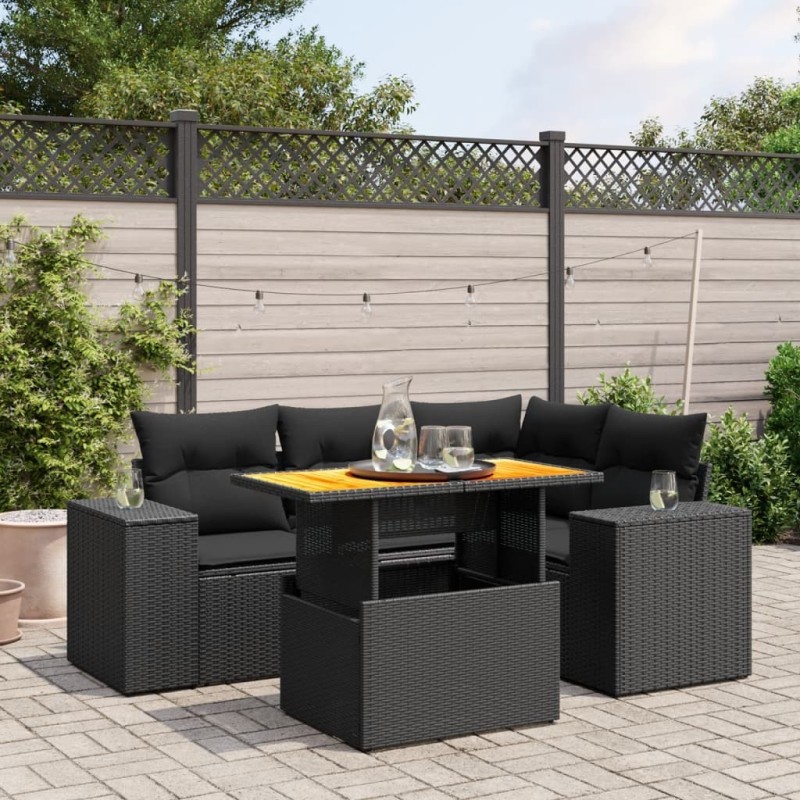 Salon de jardin 5 pcs avec coussins noir résine tressée 513307513307