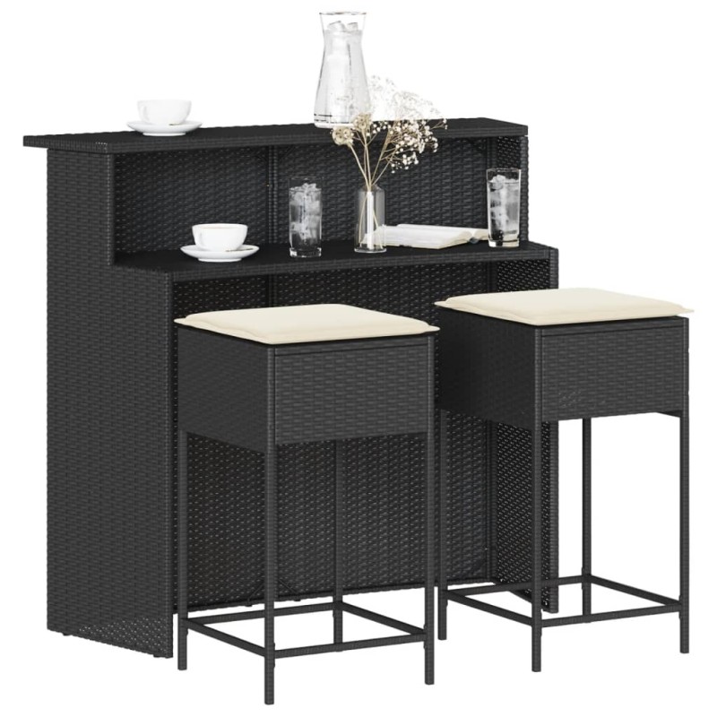 Ensemble de bar de jardin 3 pcs avec coussins noir poly rotin 513371513371