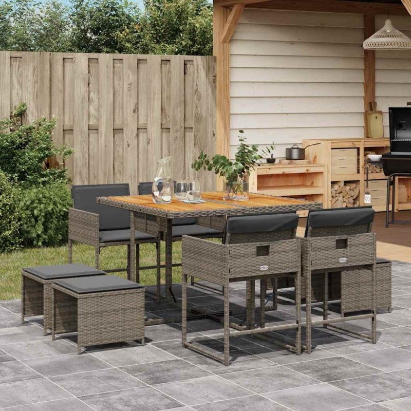 Ensemble à manger de jardin 9 pcs coussins gris résine tressée 513409513409