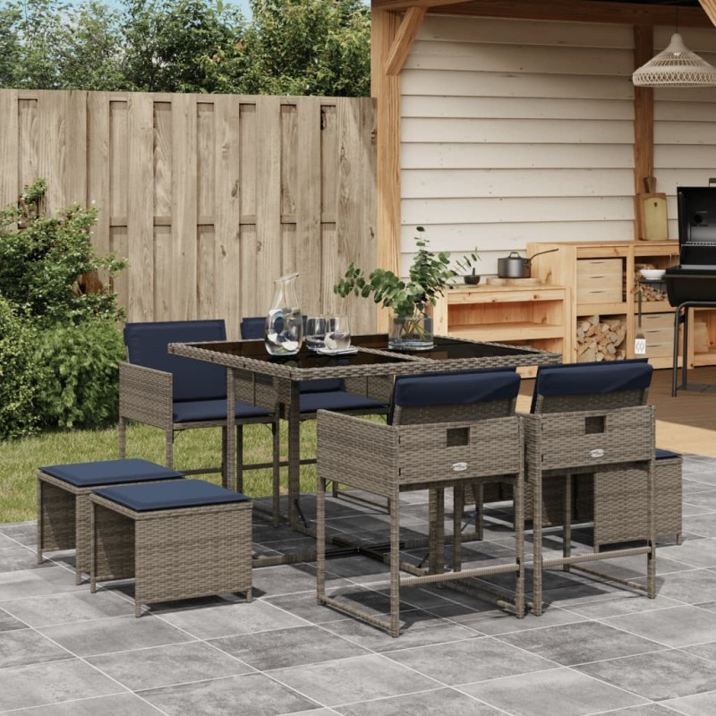 Ensemble à manger de jardin 9 pcs coussins gris résine tressée 513411513411