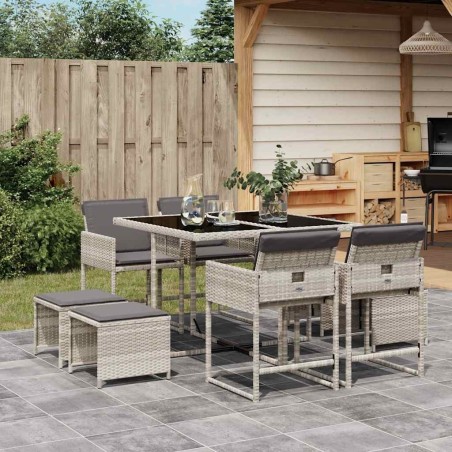 Ensemble à manger de jardin et coussins 9 pcs gris clair rotin 513417513417