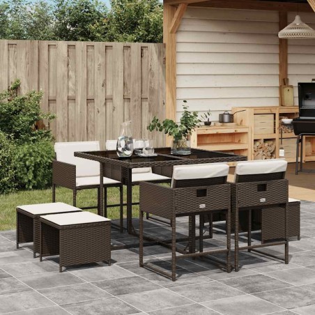 Ensemble à manger de jardin et coussins 9 pcs marron poly rotin 513418513418