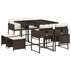 Ensemble à manger de jardin et coussins 9 pcs marron poly rotin 513418513418