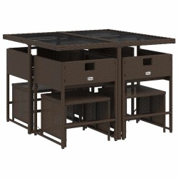 Ensemble à manger de jardin et coussins 9 pcs marron poly rotin 513418513418