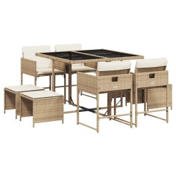 Ensemble à manger de jardin et coussins 9 pcs beige Poly rotin 513419513419