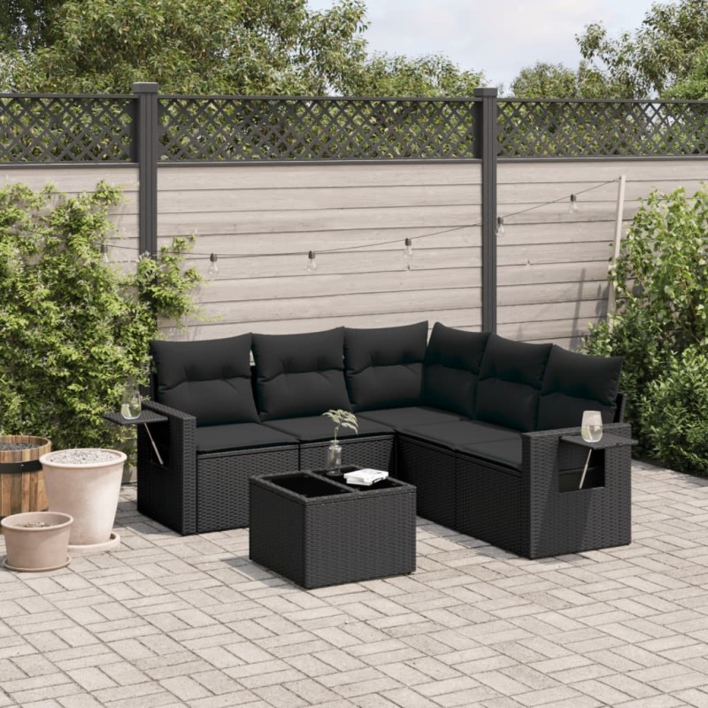 Salon de jardin 6 pcs avec coussins noir résine tressée 513485513485