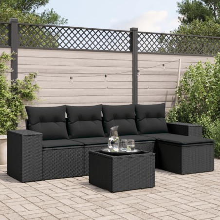 Salon de jardin 6 pcs avec coussins noir résine tressée 513493513493