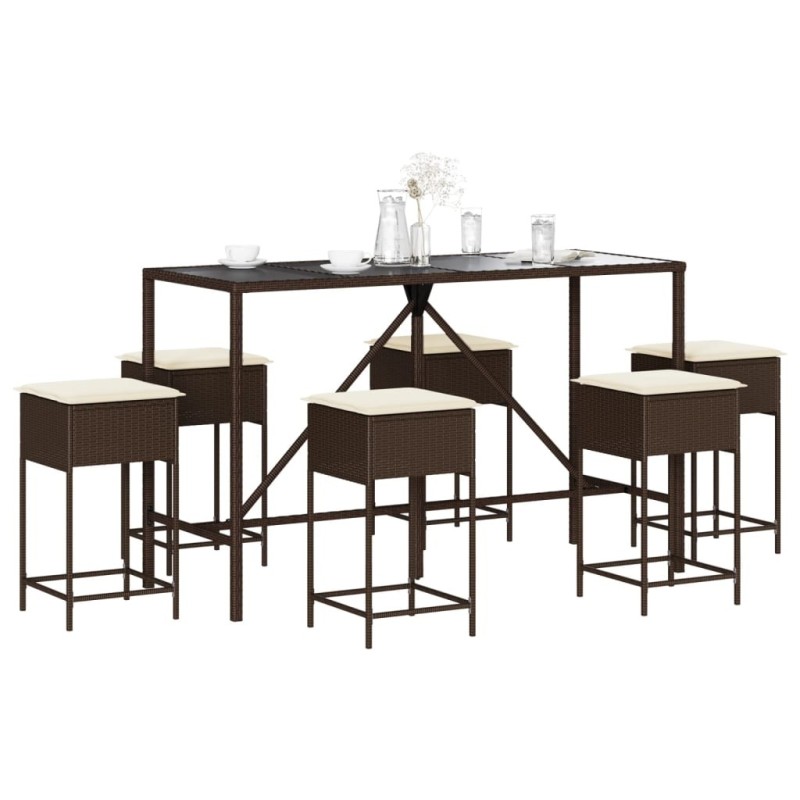 Ensemble de bar de jardin avec coussins 7 pcs marron poly rotin 513509513509