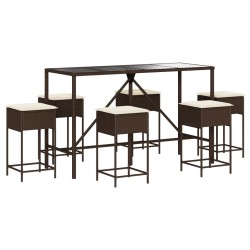 Ensemble de bar de jardin avec coussins 7 pcs marron poly rotin 513509513509