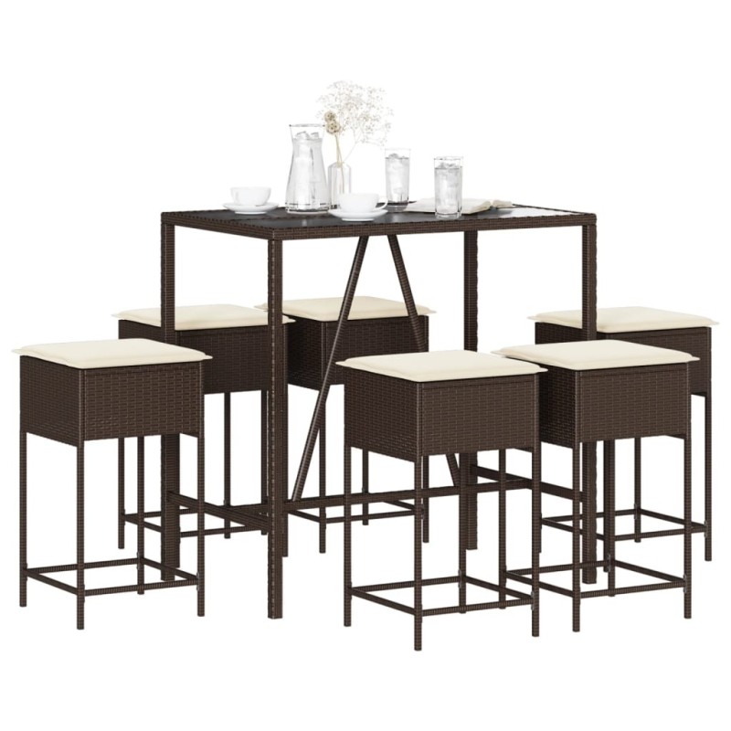 Ensemble de bar de jardin avec coussins 7 pcs marron poly rotin 513520513520