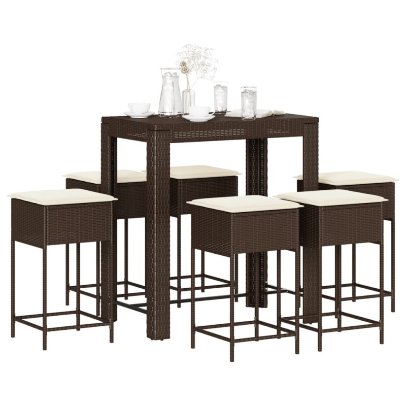 Ensemble de bar de jardin avec coussins 7 pcs marron poly rotin 513537513537