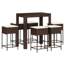 Ensemble de bar de jardin avec coussins 7 pcs marron poly rotin 513537513537