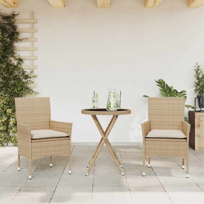 Ensemble de bistro avec coussins 3 pcs beige rotin et verre 513563513563