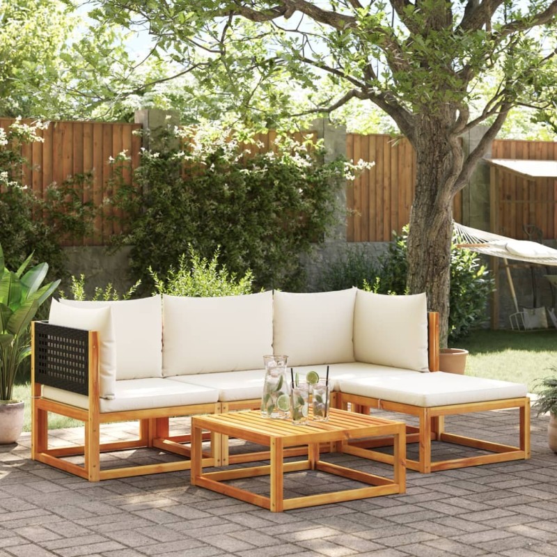 Ensemble de canapés de jardin 5 pièces avec coussins en bois d'acacia et rotin 513581513581