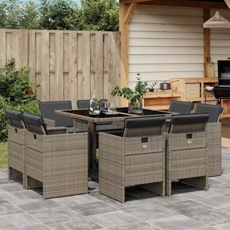 Ensemble à manger de jardin 9 pcs coussins gris résine tressée 513606513606