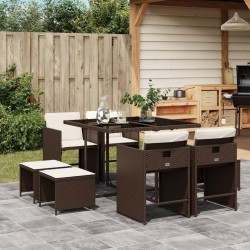 Ensemble à manger de jardin et coussins 9 pcs marron poly rotin 513676513676