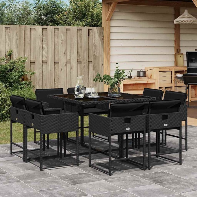 Ensemble à manger de jardin 9pcs coussins noir résine tressée 513683513683
