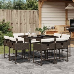 Ensemble à manger de jardin et coussins 9 pcs marron poly rotin 513685513685