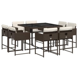 Ensemble à manger de jardin et coussins 9 pcs marron poly rotin 513685513685