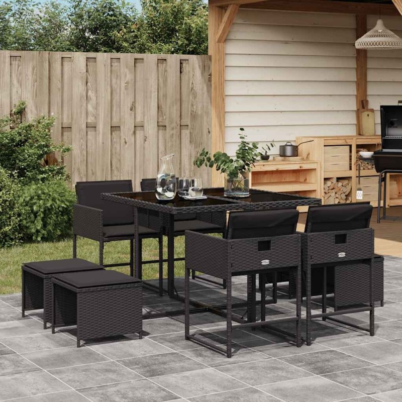 Ensemble à manger de jardin 9pcs coussins noir résine tressée 513698513698