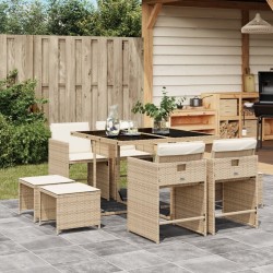 Ensemble à manger de jardin et coussins 9 pcs beige Poly rotin 513732513732