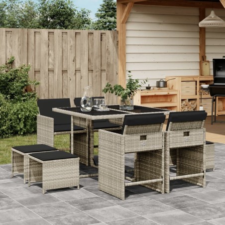 Ensemble à manger de jardin et coussins 9 pcs gris clair rotin 513733513733