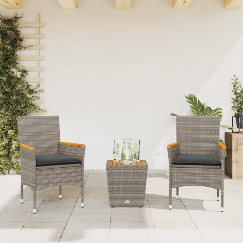 Ensemble de bistro avec coussins 3 pcs gris rotin et verre 513740513740
