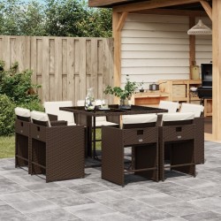 Ensemble à manger de jardin et coussins 9 pcs marron poly rotin 513750513750