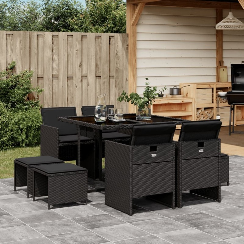 Ensemble à manger de jardin 9pcs coussins noir résine tressée 513757513757