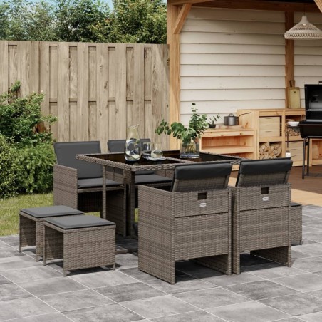 Ensemble à manger de jardin 9 pcs coussins gris résine tressée 513762513762