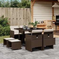 Ensemble à manger de jardin et coussins 9 pcs marron poly rotin 513764513764