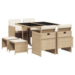 Ensemble à manger de jardin et coussins 9 pcs beige Poly rotin 513765513765