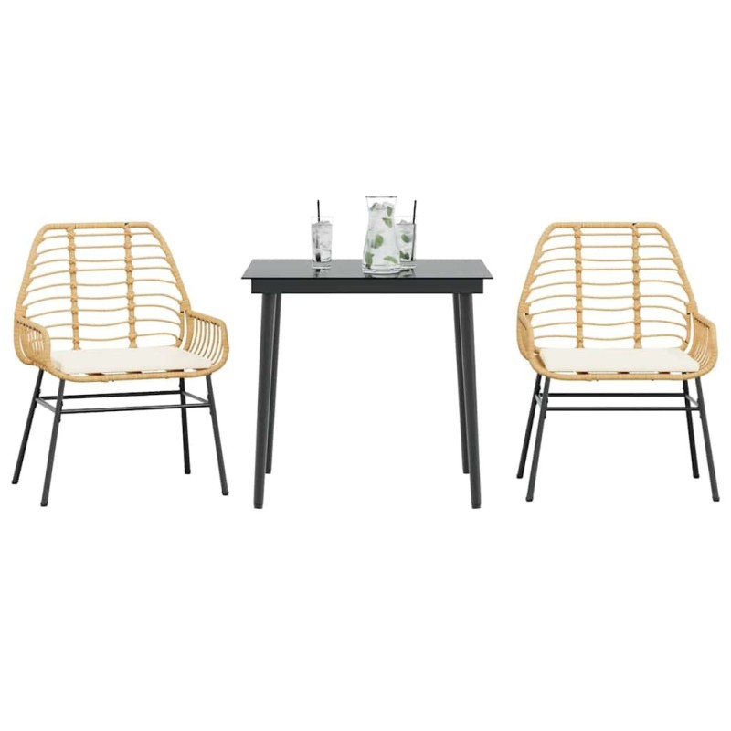 Ensemble à manger jardin coussins 3pcs marron poly rotin verre 514844514844
